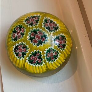 Vintage Millefiori Murano Italy Yellow Glass Paperweight